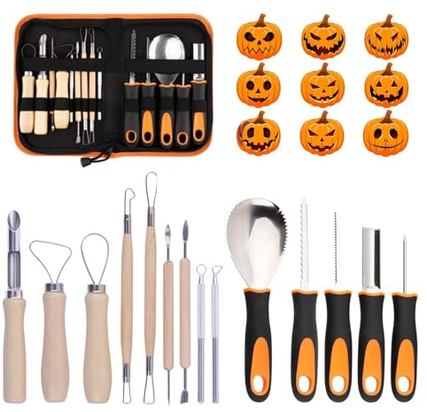 Kürbis Schnitzset,14 Stück Kürbis Schnitz Set für Halloween,Schnitzmesser für Kinder und Erwachsene,Werkzeuge zum Aushöhlen von Kürbissen,Edelstahl Kürbis Schnitzwerkzeug,Spezielle Aufbewahrungstasche