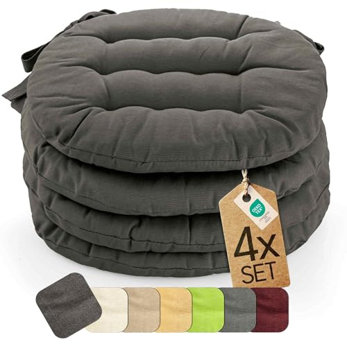 etérea 4er Set Sitzkissen Outdoor 38x38 Rund mit Bändern - Stuhlkissen Anthrazit für Gartenstuhl & Innenbereich - waschbare Sitzauflagen Gartenmöbel - 4 Stück Kissen 38x38 cm - Anthrazit