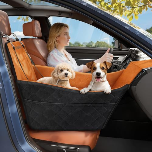 Tivray Erhöhter Hundeautositz für kleine und mittelgroße Hunde bis 16kg | 10 cm hochdichter Schaumstoff-Hundekissen fürs Auto, 2 Taschen, 3 Sicherheitsgurte, waschbar, Schwarz+Braun