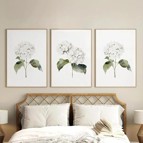Vit elfenbensvit hortensior väggkonst, neutrala botaniska blommor akvarell canvastavlor för modern väggdekoration (30x45cm/3 st ramlösa)