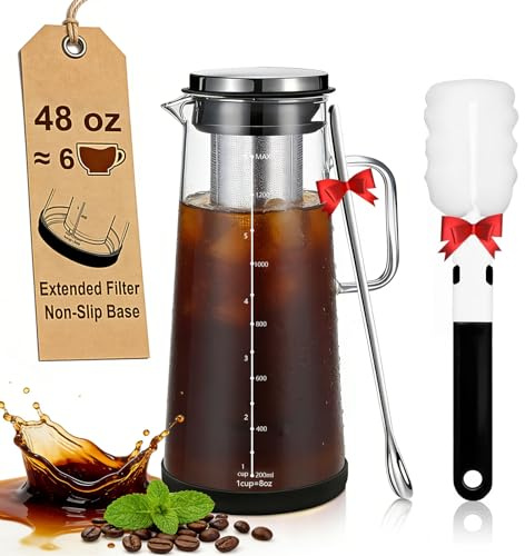 carrottimes 1,4L Cafetera Coldbrew con Filtro de Acero Inoxidable Extendido | Para Extracción Profunda, Jarra de Té Helado Con Base Antideslizante, Incluye Cepillo de Limpieza Y Cuchara Mezcladora Larga