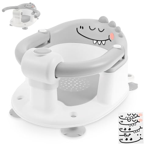 Baby Bath Seat from 6 Month & Up,Cartoon Nonslip Toddler & Newborn Bath Seats,Baby Sit Up Chair with 4 Strong Suction Cup One Handed Unlockable Design(Grey)