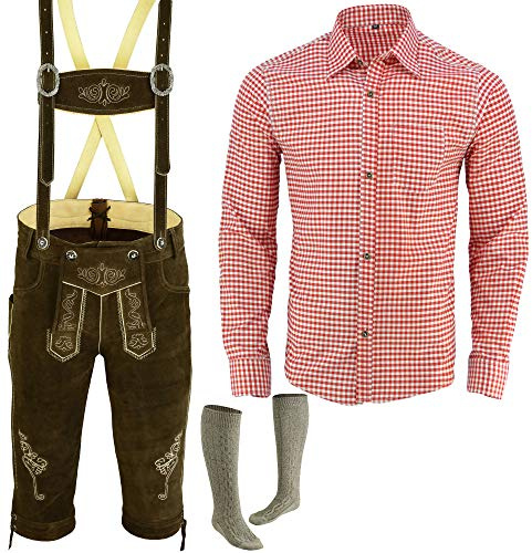 Speed4allkinds Trachten Set Herren Trachten Lederhose Herren Größe 46-62 Bayerische Traditionelle hemd Echt Lederhose für Oktoberfest Trachtenset,Hose,Hemd,Socken Neu