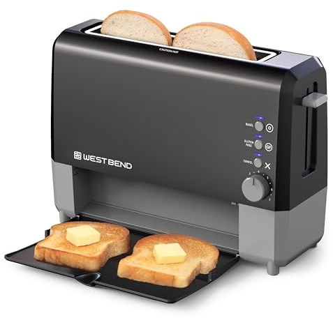 West Bend QuikServe Toaster, 2-Slice Wide-Slot Slide-Through Bread Toaster with Bagel and Gluten-Free Settings and Cool-Touch Exterior Fast Toasting, Includes Removable Serving Tray, 1400-Watts, Black