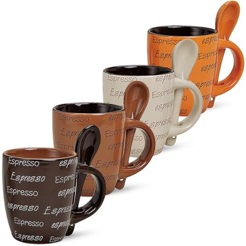 matches21 Tasses à expresso lot de 4 & 4 cuillères décor espresso marron crème marron foncé orange céramique 7 cm / 50 ml