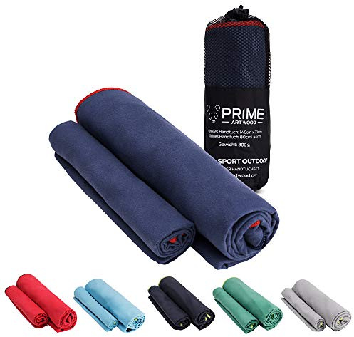 PRIME ART WOOD Mikrofaser Handtücher 2er Set Groß (200x100cm + 80x40cm), Schnelltrocknend, Saugstark, Super Weich, Reisehandtuch, Sporthandtuch, Badetuch (Marineblau)