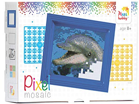 Pracht Creatives Hobby Pixel P31001 Mosaik Geschenkverpackung Delfin, Pixelbild mit Rahmen, kinderleichtes Stecksystem, ohne Bügeln und Kleben, Steinchen aus Biokunststoff