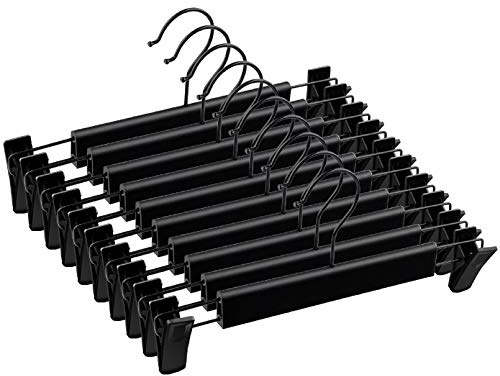 Mutsitaz 10 Pack Trouser Hangers with Adjustable Clips, Space-Saving Skirt Hangers with 360° Rotating Rust-Resistant Hooks for Trousers, Skirts and Clothes, Black