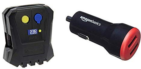 MICHELIN 009518 Mini Compresseur Digital pour Voiture 12V, 3,5 Bars + Amazon Basics Chargeur 2 Ports USB de Voiture pour appareils Apple et Android 4,8 Amp/24 W, Noir/Rouge