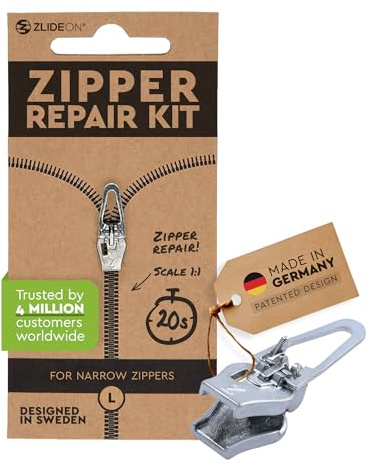 Reißverschluss Reparaturset für Schmale Reißverschlüsse – 1pcs, Silber L/5 | Ersatz-Schieber für Kleider, Bettwäsche, Hoodies, leichte Jacken - Made in Germany