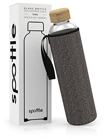 spottle Glasflasche 500ml, 750ml & 1L [KOHLENSÄURE GEEIGNET] - Trinkflasche aus Glas 1 Liter mit Schutzhülle - Edelstahl-Schraubverschluss - Auslaufsicher & BPA-Frei [SPÜLMASCHINENFEST]