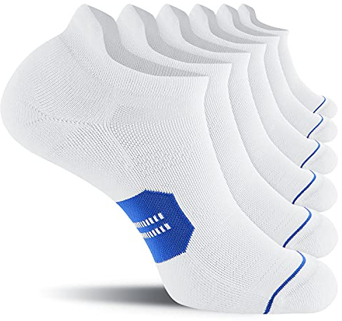 CelerSport 6 Pack Men's Running Ankle Socks with Cushion, Low Cut Athletic Sport Tab Socks, White Blue, Shoe Size: 7-9