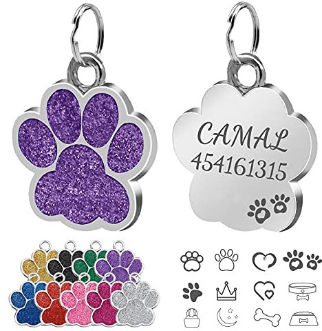 CAMAL Hundemarke mit Gravur Personalisierbar, Pfotenabdruckmotiv, 25mm, für Kleine bis Mittelgroße Hunde oder Katzen (Lila)