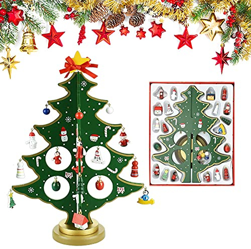 JUNMEIDO Mini Weihnachtsbaum aus Holz - Künstlicher Tannenbaum Klein mit 24 Anhänger - DIY Christmas Tree mit 24 Ornamnet