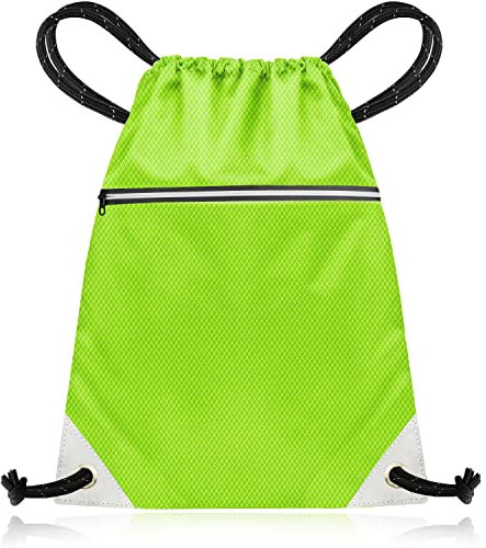 aZengear Kordelzugbeutel (35x40cm) aus wasserdichtem recyceltem Polyester für Fitnessstudio, Sport, Sport, Schwimmen | Leicht reflektierende Reißverschlusstaschen und Kordel (Neongrün)