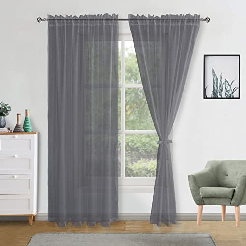 DWCN Dark Grey Sheer Curtains W56 x L90 Inch Rod Pocket Voile Curtains Semi Transparent Window Net Curtain with Tiebacks Elegant Voiles Long Soft Home Drapes for Bedroom/Kitchen/Living Room,2 Panels