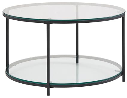 FineBuy Couchtisch Rund 80x80x45 cm Glas Metall mit Stauraum | Wohnzimmertisch mit Ablagefach unter der Glasplatte, Loungetisch, Kaffeetisch mit 2 Ebenen, modern