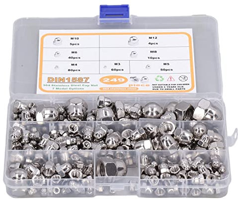 Acorn Cap Nuts, 249Pcs Hex Acorn Cap Nut Assortment Kit M3 M4 M5 M6 M8 M10 M12 DIN1587 304 Stainless Steel Metric Threaded Dome Head Nuts, Hex Nuts