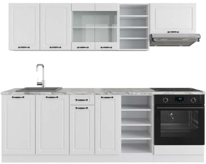 Vicco Küchenzeile R-Line, Weiß Landhaus/Weiß, 240 cm | 10 Module · Höhenverstellbare Füße · Ohne Arbeitsplatte · MDF-Fronten · Mit Herdumbauschrank · Frei kombinierbar