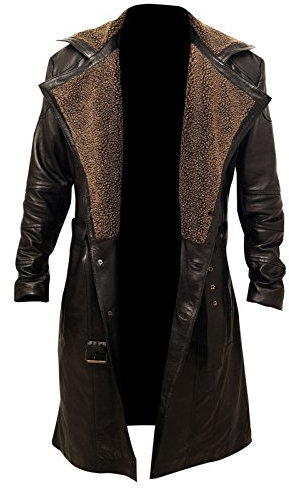 Fashion_First Mens Brown Real Leather Trench Duster Coat - Men Long Length Brown Winter Fur Collar Coat