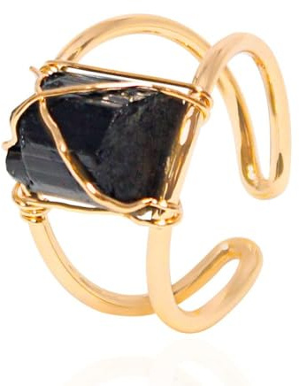 WLLDDDIU Ring Damen, Natürlicher Unregelmäßiger Schwarzer Turmalinring Doppelschicht Seidenfaden Goldener Ring Verstellbarer Offener Damenring 7 Chakra-Reiki-Edelsteinringe Ewigkeitsring Für Frauen
