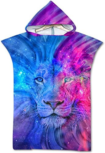 DAMEGA 3D Wolfsdruck Schnell Trocknendes Cape Kapuzen-Badetuch Für Erwachsene Kinder Saugfähiges Strandtuch Wende-Fleece-Cape Schnell Trocknender Bademantel