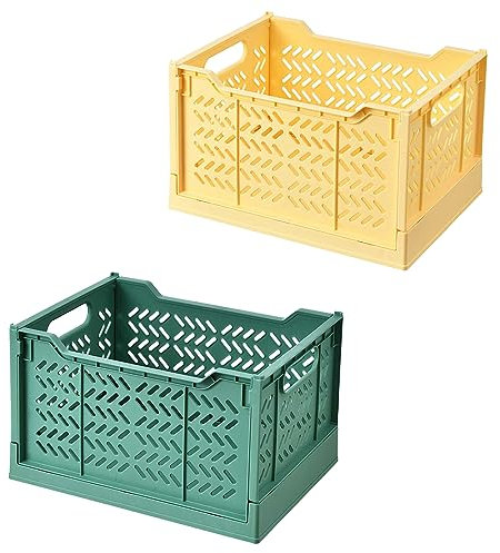 Spesh 2 Pcs Large Collapsible Storage Crates Stackable Plastic Storage Baskets Foldable Crate Boxes for Kitchen, Living Room, Bedroom(Dark green+yellow)