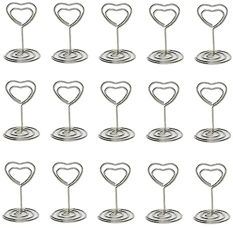 Lot de 20 Supports de Carte de Place en Forme de cœur en métal pour numéro de Table - Clips métalliques - Support Photo - Note - Mémo - Menu - Clips pour Mariage - Argenté