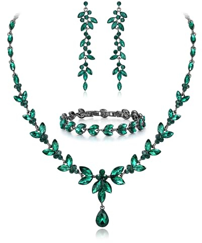 EVER FAITH Schmuckset Österreichisches Kristall Braut Schmuck-Set, Elegante Marquise Strass Blatt Halskette mit baumelnden Ohrringen Tennis-Armband-Set