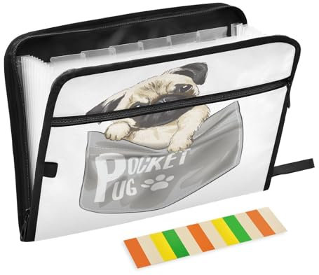 Fächermappe mit 13 Fächern, A4, Briefgröße, Papier, Akkordeon, Dokumenten-Organizer mit Reißverschluss, Büro, Schule, niedlicher Mops in Hemdtasche, Illustration