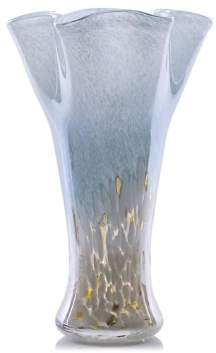 22,9 cm H blau-weiße Glasvasen für Blumen, mundgeblasene Glasvase, blaue Heimdekoration, breite Öffnung, Blumenvase, Tafelaufsätze, für Bücherregal, Esstisch, Büro-Schreibtisch, Konferenzraum,