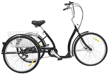 PUDLOR 26-Zoll-Dreirad mit Korb und Sattel, Dreirädriger Wagen für Erwachsene Ideal zum Einkaufen und für Aktivitäten im Freien 3 dreirädrige Pedelecs Einkaufsdreirad mit niedrigem Einstieg