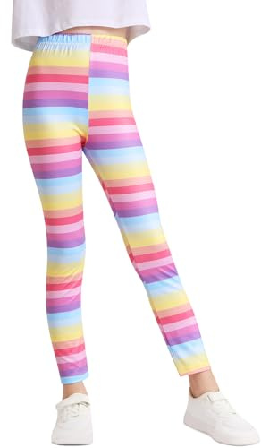 Domee Mädchen Leggings Lange Sporthose Gymnastik Turnhose Bunte Regenbogenstreifen 134-140 (Herstellergröße 140)
