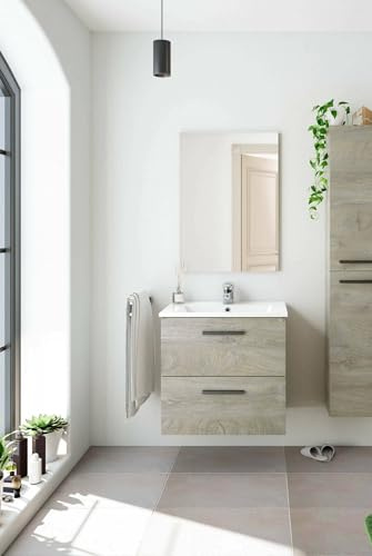 Dmora - Mobile sottolavabo Fontana, Mobiletto per bagno a 2 cassetti, Armadietto sospeso con specchio, lavabo non incluso, 60x45h57 cm, Rovere