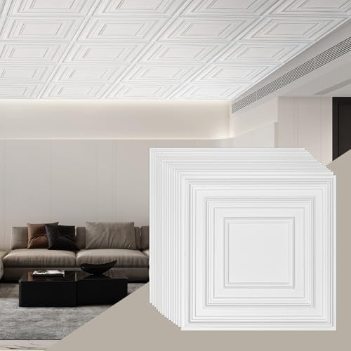 VEVOR Pannelli per Controsoffitto 605 x 605 mm Pannello per Soffitto, Confezione 12, Facile Installazione/Taglio, Pannelli per Soffitto in Plastica Adesivi, Decorazione di Casa, Motivo a Penna Bianca