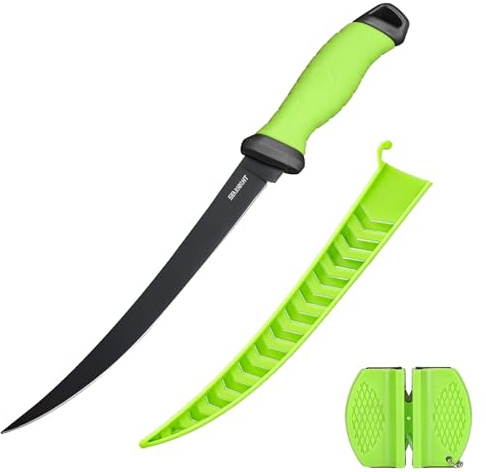 Seaknight Coltello da pesca 5 7 9 lama affilata in acciaio inox, manico in gomma antiscivolo con fodero protettivo e affilatore (9)