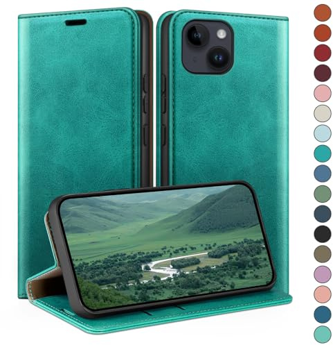 HUOUH für iPhone 14 6.1 Hülle mit RFID Schutzhülle aus Lederhülle Handyhülle,Kartenfach Leder ständer Handy hülle,360 Grad Schutz Cover für Apple 14 Klapphülle Wallet Case Blaugrün