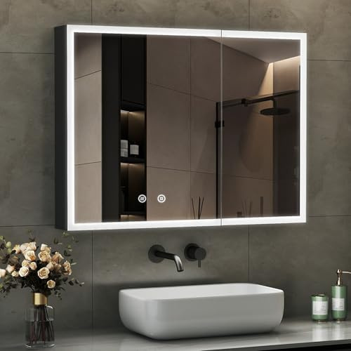 Boromal Spiegelschrank Bad mit Beleuchtung Badezimmer Spiegelschrank mit LED Beleuchtung Schwarz Metall Badezimmerschrank mit Dimmbar, Beschlagfrei, Stecker und Verstellbare Glasablage (80x60x13,5cm)