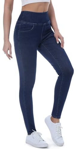 Chasehot Elastiska Jeans för Kvinnor, Skinny Slim Jeans Högt Midje Jeggings Treggings Push Up Elastiska Jeans Ankel Leggings med Fickor, Mörkblå-XXL
