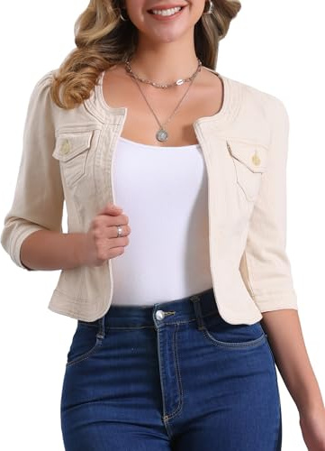 Allegra K Veste en Jean pour Femme Sans Col à Manches 3/4 Devant Ouvert Blouson en Demin Délavé
