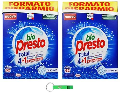 2 x Bio Presto Detersivo Polvere Classico tvättmedel – tvättpulver tar bort fläckar snabbt, ger långvarig friskhet 62 tvättar – 3 100 g Beni Culinari gratis nyckelring