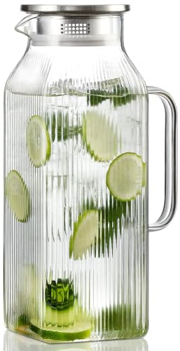 2 Liter/68 oz Square Glass Pitcher with Lid, Classic Stripes Water Pitchers with Handle for Fridge, Large Jug for Iced Tea, Coffee, Borosilicate Glass Carafe for Hot/Cold Brew Drink, Silver