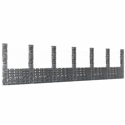 Gecheer Panier de Gabion en forme de U avec 7 Poteaux Fer 740x20x200 cm, Mur à Gabion Clôture en Maille, Panier à Gabion pour Jardin, Terrasse et Extérieur Décorative