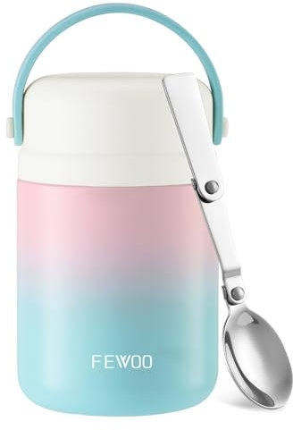 FEWOO Soup Flask, 600ml Vacuum Insulated Food Jar for Hot Cold Food, Leak Proof Soup Containers for Kids and Adults (Blue-Pink-Blue)