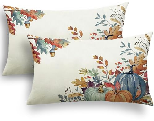 YCOLL Herbst Kissenbezug 30x50 2er Set Kissenhülle Herbst Kürbis Deko Sofakissen Leinen Kissenbezüge Herbst Dekoration Outdoor Kürbis Kissen, für Schlafzimmer Wohnzimmer Couch Zierkissen 30x50 cm