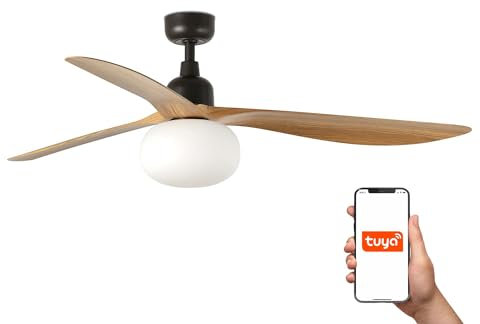 Faro Outwood Ventilatore da soffitto grande a 3 pale marrone scuro, legno di quercia con luce 1x E27 Sistema intelligente Tuya
