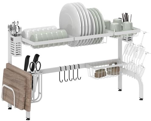 HOMCOM Égouttoir à vaisselle sur évier en acier à 2 niveaux avec support pour planche à découper, support de couverts 100 x 30 x 54,5 cm Blanc