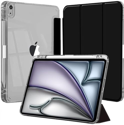 Coque pour iPad Air 11 M4/M3/M2 2026 2025 2024/Air 5/4 2022/2020 Étui Noir | Porte Stylet Bumper TPU Souple Dos Transparent Support Tri Pli Protection Antichoc Fin Léger Tablette Angles Multiples Case