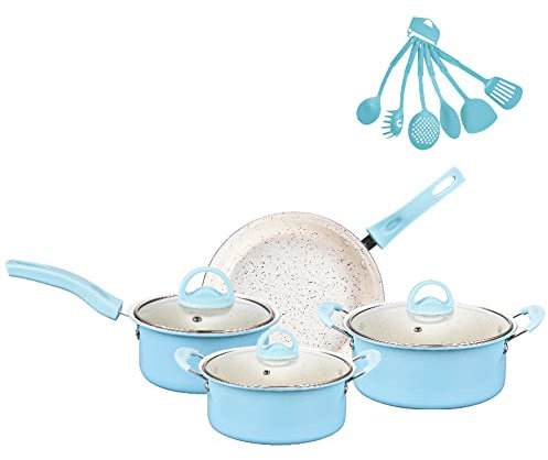 TFixol Juego de ollas y sartenes antiadherentes, 13 piezas, utensilios de cocina para amigos y familiares, color azul