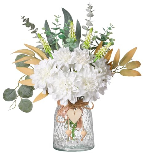 Faux Flowers with Vase Artificial White Dahlia Flowers in Vase Fake Eucalyptus Plant Floral Arrangement for Dining Table Centerpieces Home Kitchen Office Coffee Bathroom Decorations(White)